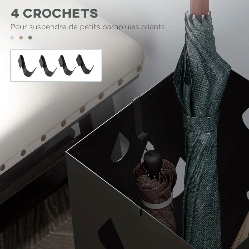 HOMCOM Porte-parapluie support à parapluie carré en acier avec 4 crochets et bac de récupération d'eau amovible noir