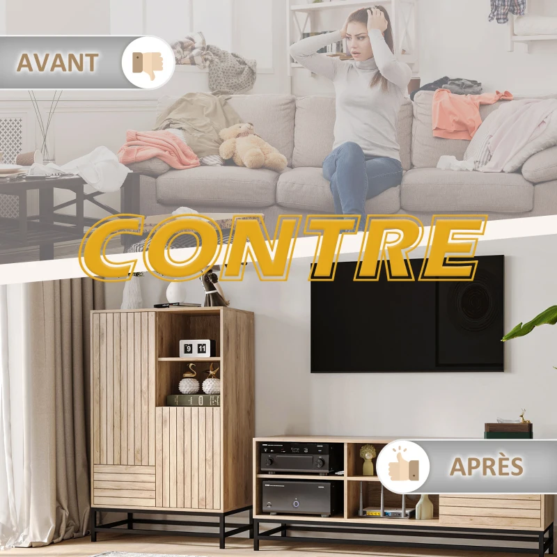 HOMCOM Buffet Meuble de Rangement sur pied de fer avec 2 placards 1 tiroir et 2 niches Aspect Bois - 75 x 40 x 120 cm