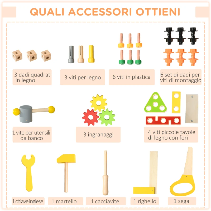HOMCOM Banco da Lavoro Giocattolo in Legno con 31 Accessori per Bambini da 3-6 Anni, 53x31x77cm