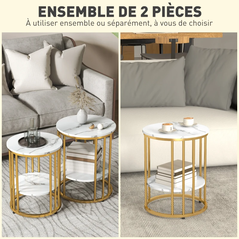 HOMCOM Lot de 2 tables basses rondes tables de salon effet marbre avec étagère de rangement ouverte et cadre en acier or