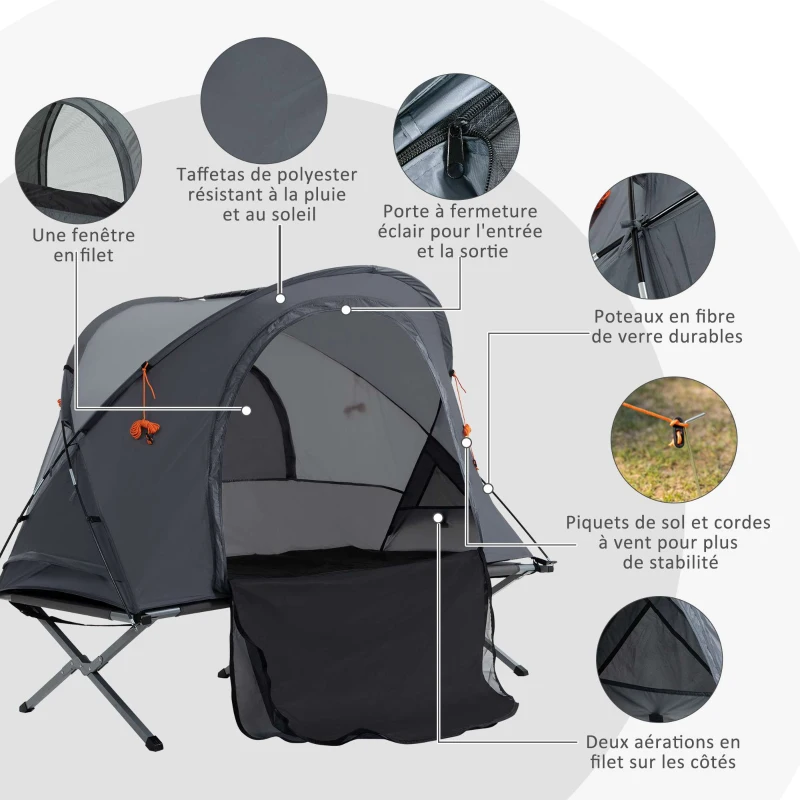 Outsunny Ensemble tente de camping 3 en 1 avec lit de camp 1 personne, tente et 1 matelas gonflable - sac de transport inclus