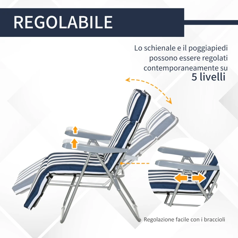Outsunny Sedia Sdraio per Esterni da 2 Pezzi Pieghevole e Reclinabile, Lettino Prendisole con Cuscino Imbottito, Blu e Bianco