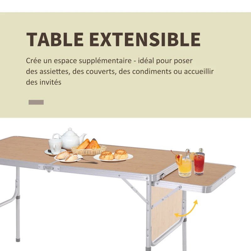 Outsunny Table Pliante Table de Camping Table de Jardin avec rallonge Hauteur réglable Aluminium MDF Imitation Bambou