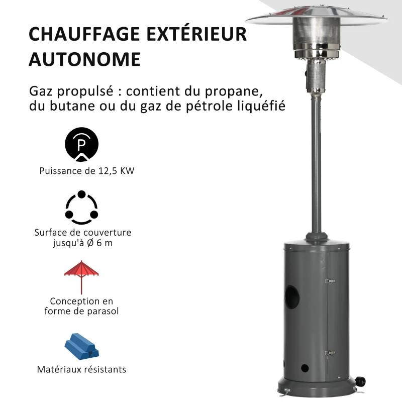 Outsunny Parasol Chauffant 12,5 KW Chauffage d'extérieur gaz Chauffage de terrasse - Double sécurité - Puissance réglable - roulettes - détendeur et tuyau de gaz fournis Acier INOX. Gris