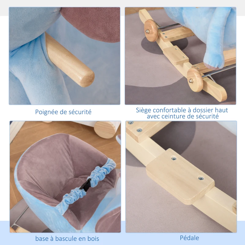 HOMCOM Cheval à Bascule Jouet à Bascule éléphant et Porteur sur roulettes 2 en 1 Fonction Musicale 32 Pistes Ceinture sécurité