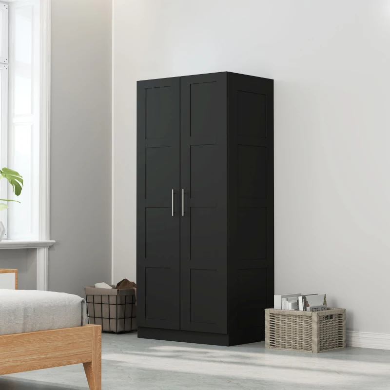 HOMCOM Double Panel Door Wardrobe, with Shelves - Black