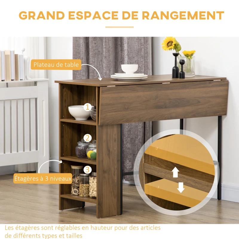 HOMCOM Ilot centra table de bar plateau latéral  rabattable et 3 étagères 120 x 76 x 91,4 cm marron