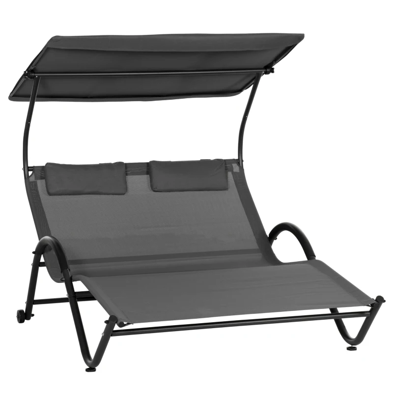 Outsunny Chaise longue bain de soleil transat avec auvent oreiller et roulettes en acier et polyester gris foncé