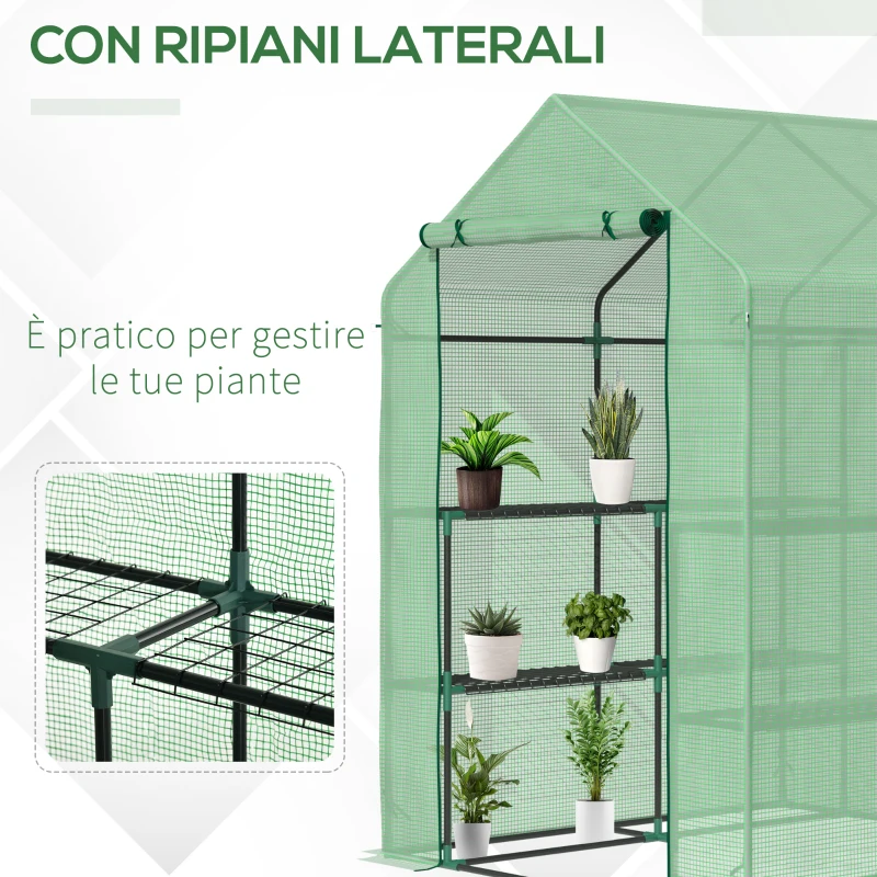 Outsunny Serra da Giardino con Scaffali, Copertura in PE e Porta Avvolgibile, 143x138x190 cm, Verde