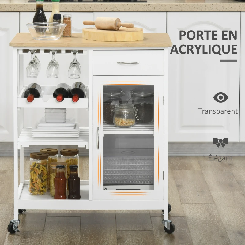 HOMCOM Chariot de service desserte de cuisine à roulettes multi-rangements placard à porte casier à vin étagères tiroir blanc
