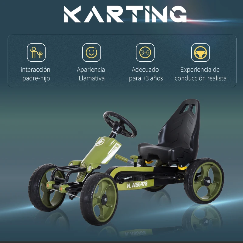 HOMCOM Go-Kart a Pedales para Niños de +3 Años Coche de Pedales con Embrague Freno Asiento Ajustable Carga Máx. 35 kg 105x54x61 cm Verde