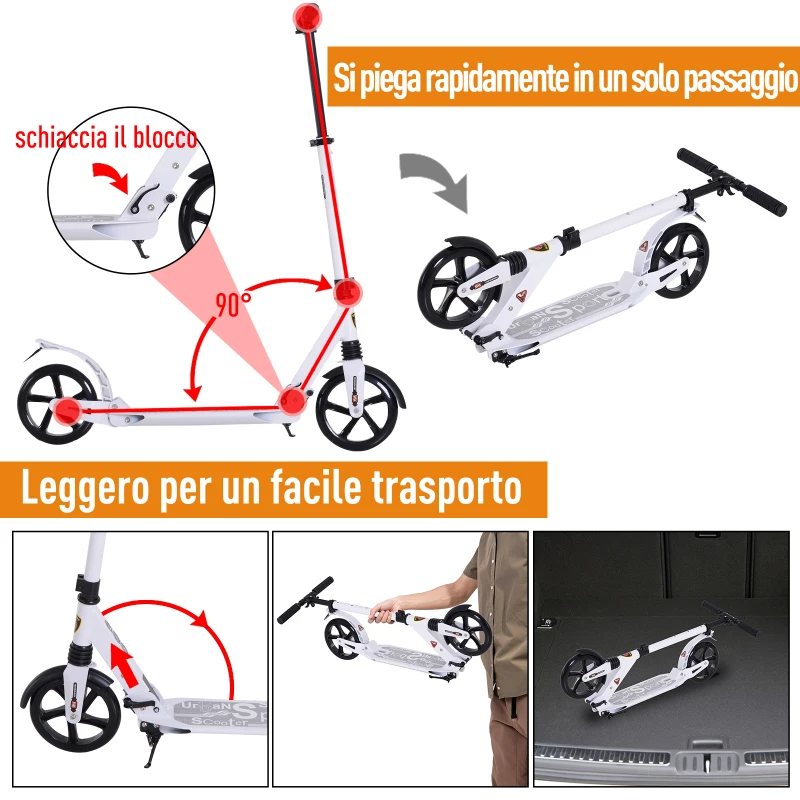 HOMCOM Monopattino Scooter Pieghevole con Serratura Rinforzata Regolabile per Adulti e Bambini in Alluminio 94 x 38 x 90-105 cm Bianco