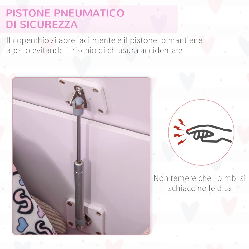 HOMCOM Cassapanca Portagiochi in Legno, Panca Contenitore per Cameretta Coperchio con Pistone Pneumatico, 60x40x48cm, Rosa
