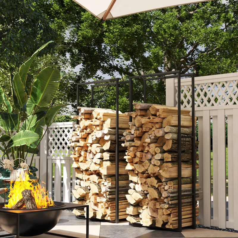 Outsunny Firewood Log Rack Set of 2, Retractable Metal Wood Store Holder, Indoor Outdoor Fireplace Log Storage Shelf with Hooks, 65 x 25 x 150 cm, Black