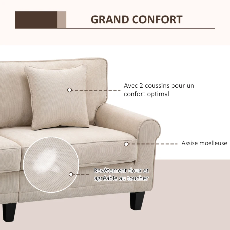 HOMCOM Canapé 3 places en tissu velours côtelé, canapé salon, 197 cm, avec accoudoirs et dossier rembourrées, canapé avec 2 oreillers, pieds en bois massif de pin, pour salon, chambre, bureau, beige