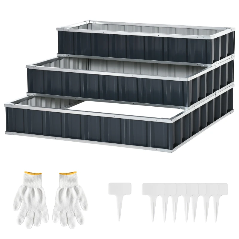 Outsunny Huerto Urbano de 3 Niveles de Jardín Acero 118x118x62 cm Arriate de Escalera para Cultivos Plantas Flores para Terraza Exterior Gris