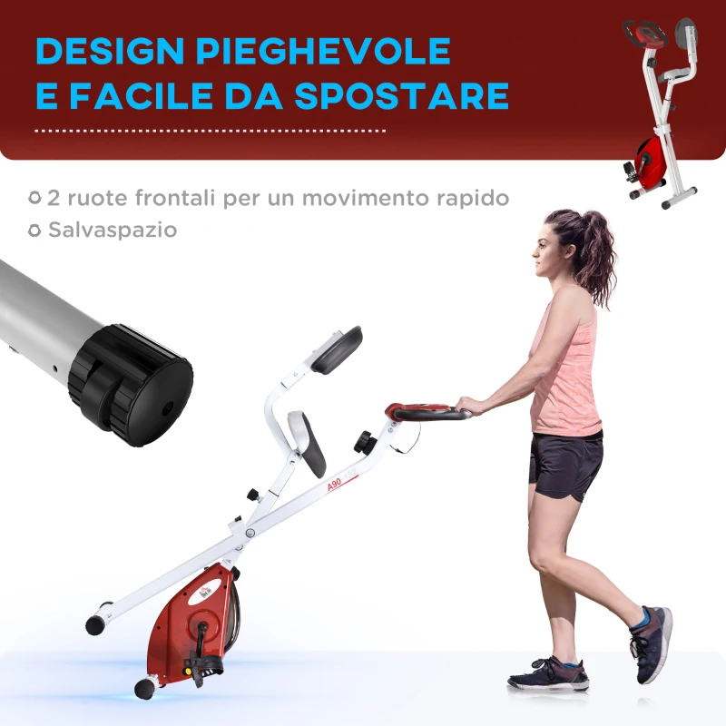 HOMCOM Cyclette Pieghevole da Fitness in Acciaio, Cyclette Magnetica Pieghevole da Casa con Altezza Regolabile, Resistenza Magnetica a 8 Livelli, Schermo LCD, 43x97x109cm, Rosso