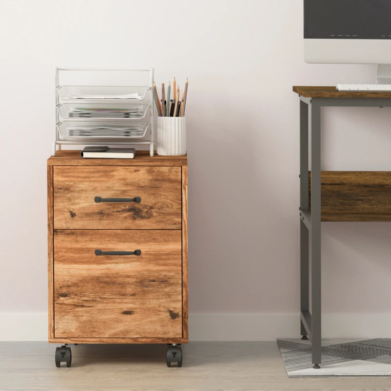 HOMCOM Rolling File Cabinet with 2 Drawers, Mobile Filing Cabinet with Hanging File Folder for Letter Sized Documents, Rustic Brown