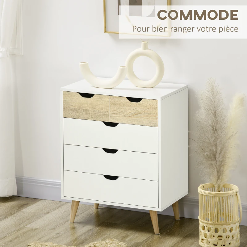 HOMCOM Commode 5 tiroirs meuble de rangement 4 pieds biseautés - 60 x 40 x 77,5 cm