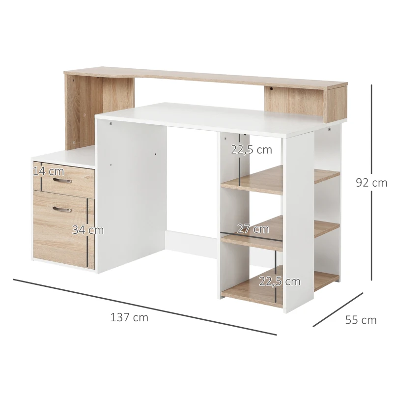 HOMCOM Mesa de Ordenador PC 137x55x92 cm Escritorio con Estantería de 3 Estantes 2 Cajones y Soporte para Impresora para Oficina Estudio Despacho Blanco y Roble