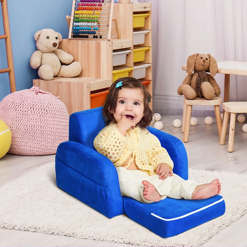 HOMCOM Children's Armchairs Kids Toddler Sofa Chair 2 In 1 Sofa Bed Folding Couch Soft Flannel Sponge for 3-4 years old Playroom Bedroom Living Room Blue