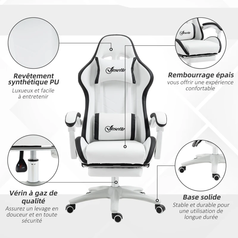 Vinsetto Siège gaming fauteuil gaming dossier inclinable 135° avec appui-tête repose-pieds 65l x 65P x 121-129H cm blanc et noir