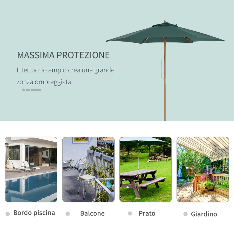 Outsunny Ombrellone da Giardino 2.5x2.3m a 6 Stecche, in Legno e Poliestere, Verde Scuro