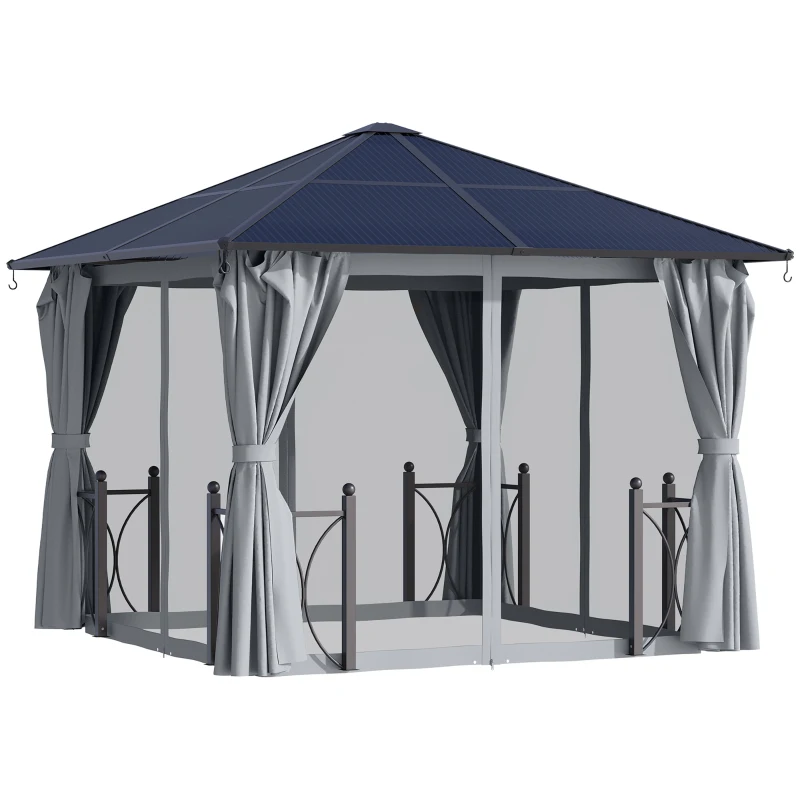 Outsunny 3 x 3(m) Hardtop Gazebo Canopy with Polycarbonate Roof, Steel & Aluminium Frame, Garden Pavilion with Mosquito Netting and Curtains, Black