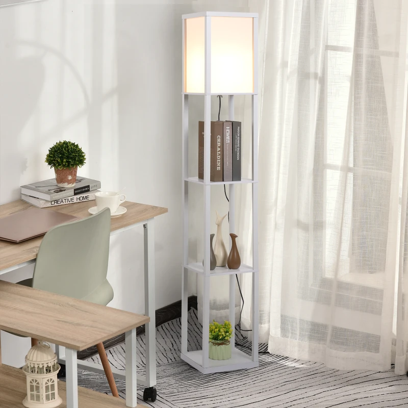HOMCOM Lampada da Terra con 3 Mensole Integrate, Attacco E27 Potenza 40W, Arredamento Moderno in MDF, 26x26x160cm, Bianco