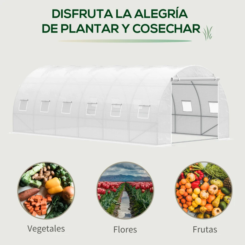 Outsunny Invernadero de Túnel 6x3x2 m Invernadero de Jardín con Puerta Enrollable 12 Ventanas Cubierta de PE 140 g/m² y Metal Galvanizado para Cultivos Plantas Verduras Blanco
