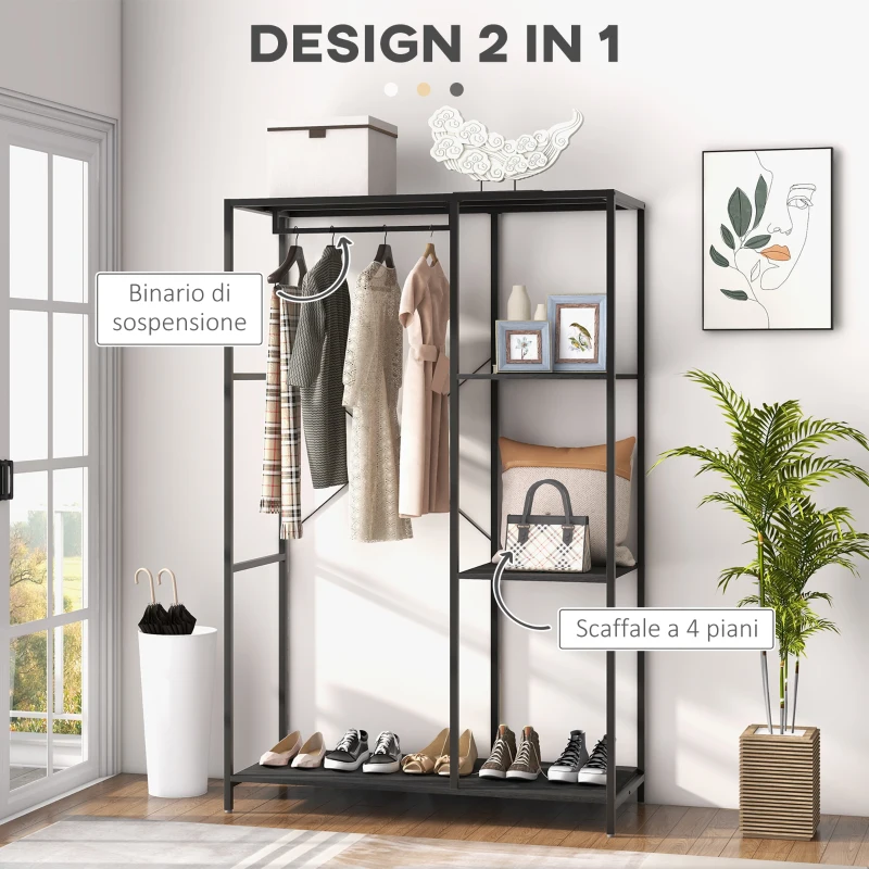 HOMCOM Mobile da Ingresso con Appendiabiti da Terra e Scarpiera, in Acciaio e Truciolato, 110x45x169.5 cm, Nero