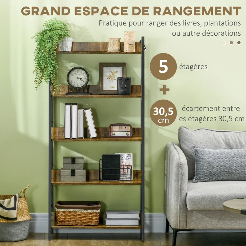 HOMCOM Étagère bibliothèque Style Industriel incliné 5 Niveaux 70L x 35l x 150H cm