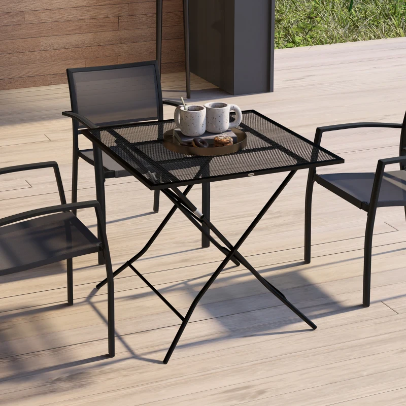 Outsunny Tavolo da Giardino Pieghevole Quadrato con Piano a Rete in Acciaio, 80x80x74cm, Nero