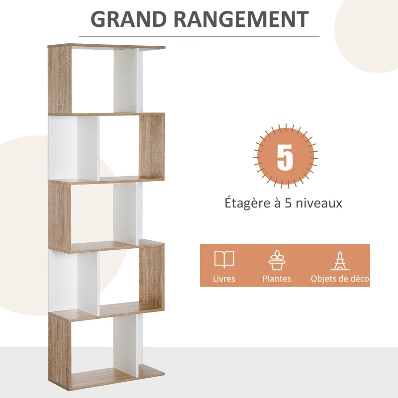 HOMCOM Bibliothèque à 5 niveaux, meuble de rangement en forme de S avec étagères, étagère de rangement pour salon, chambre bureau, 60 x 24 x 184,5 cm, bois de chêne, blanc