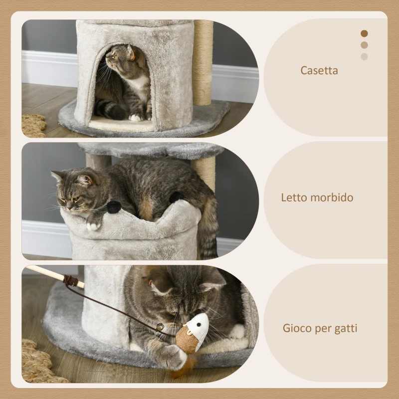 PawHut Albero Tiragraffi per Gatti con Casetta e Lettino, Rivestimento Peluche e Gioco, 48x48x86cm, Grigio