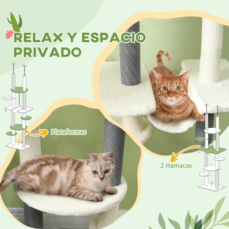 PawHut Árbol para Gatos de Suelo a Techo 225-255 cm con Hamacas Plataformas Juguete de Cuerda Bola de Juguete Crema y Gris