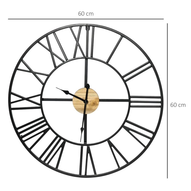 HOMCOM Reloj de Pared Silencioso de Ø60cm Reloj de Pared de Metal y Madera con Números Romanos sin Tictac Estilo Vintage