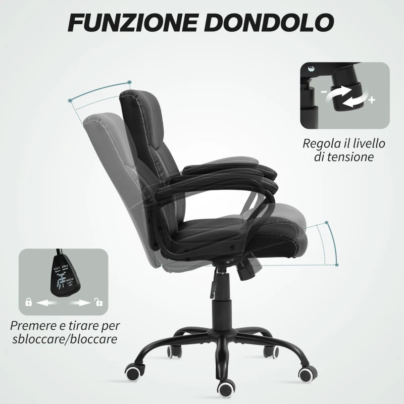 HOMCOM Sedia da Ufficio ad Altezza Regolabile con Funzione di Inclinazione, in Pelle PU, 61x62x95-105 cm, Nero