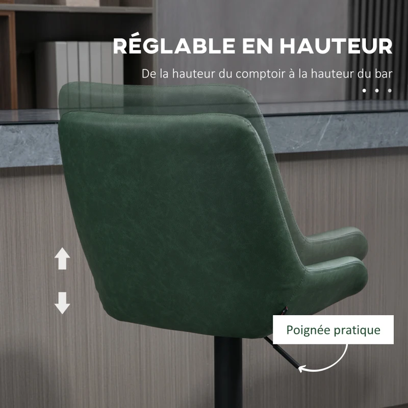 HOMCOM Lot de 2 tabourets de bar en similicuir hauteur réglable pivotant à 360° dossier et repose-pieds vert foncé