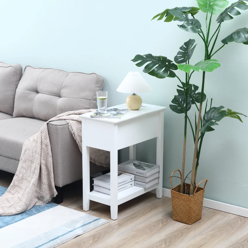 HOMCOM Mesa Auxiliar con Tapa Abatible Estante y Orificio para Cables para Salón Cama Dormitorio 60,5x32,5x70 cm Blanco