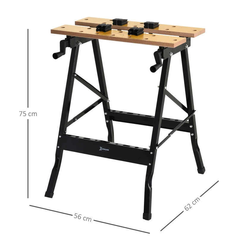 DURHAND Banco de Trabajo Plegable Mesa de Trabajo Portátil con 4 Abrazaderas Agujeros para Sierra Uso Doméstico Carpintería Hierro MDF Soporta 70 kg 56x62x75 cm Natural Negro