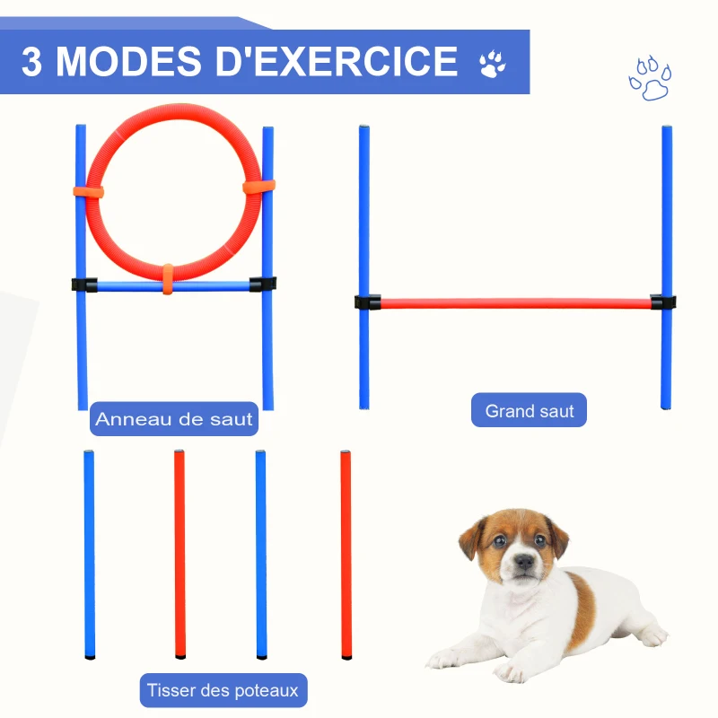 PawHut Agility sport pour chiens équipement complet obstacles et entrainement 11 pièces parcours agility chien avec sac de transport acier rouge et bleu