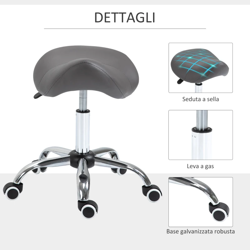 HOMCOM Sgabello da Lavoro a Sella con Ruote e Altezza Regolabile per Negozi Parrucchiere e Tattoo, 52x53x49-61cm Grigio