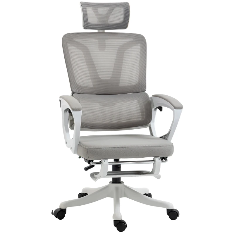 Vinsetto Fauteuil de bureau dossier réglable repose-pied appui-tête réglable soutien lombaire tissu en maille blanc et gris