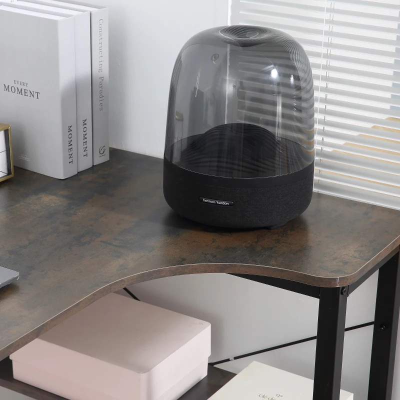 HOMCOM Scrivania Angolare Salvaspazio con 2 Ripiani per Ufficio e Casa, Scrivania Porta PC in Legno e Acciaio, Grigio Scuro