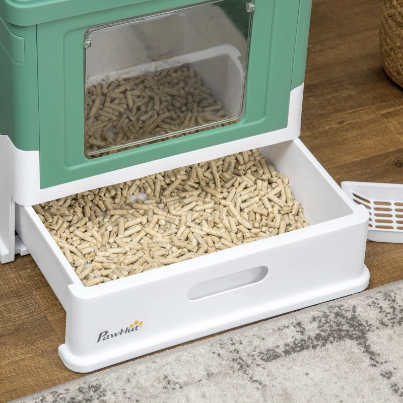 PawHut Arenero Cubierto para Gatos Desmontable con Entrada Frontal y Salida Superior con Pala 47,5x35,5x36,7 cm Verde y Blanco