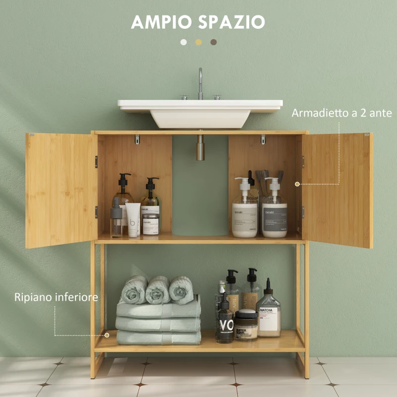 HOMCOM Mobile Sottolavabo Bagno con 2 Ante e Ripiano Aperto, Intaglio a U per Tubi, 70x33x79.5cm, Colore Legno