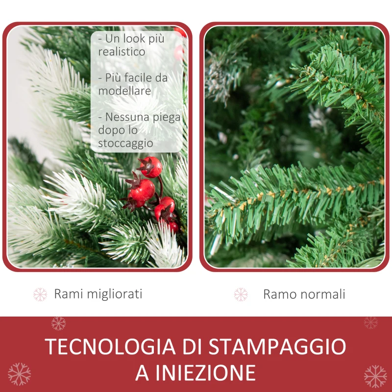 HOMCOM Albero di Natale Innevato 180 cm con Rami Folti, Bacche Rosse, Base Pieghevole e Rimovibile