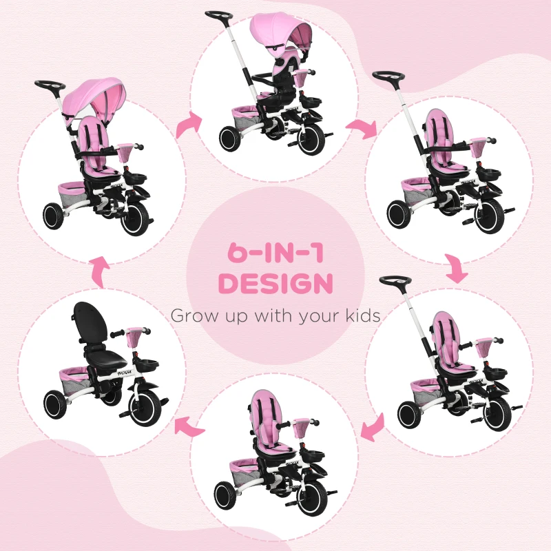HOMCOM Multifunctional Kids Tricycle, with Rotatable Seat, Adjustable Push Handle - Pink