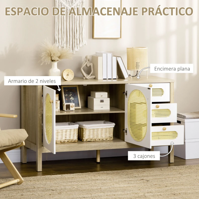 HOMCOM Aparador para Cocina Salón Buffet con 3 Cajones y Armario de 2 Puertas de Rejilla 140x45x80 cm Natural